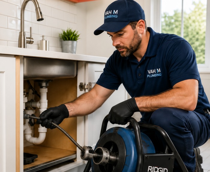 Drain cleaning service in New Jersey — VAH M Plumbing technician clearing a clog