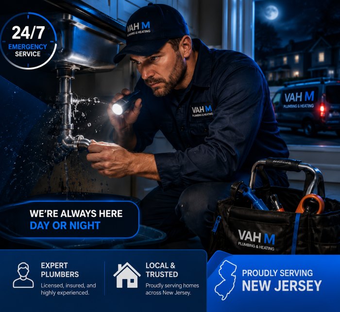 Emergency plumbing services in New Jersey Emergency plumbing services in New Jersey responding to a burst pipe — VAH M Plumbing